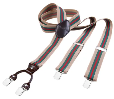Produktbild von DonDon Herren Hosenträger 3,5 cm breit 4 Clips mit braunem Leder in Y-Form elastisch und längenverstellbar - beige gestreift