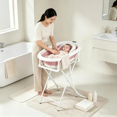 Produktbild von Babybadewanne mit Gestell,XL Baby Badewanne Faltbar mit Thermometer,Badesitz& Ablaufsystem,Babybadewanne Neugeborene,für Baby Geschenk 81x47x90cm