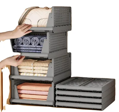 Image de Bacs de rangement, pliables, empilables, lot de 4, gris