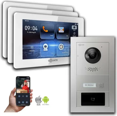 Produktbild von Goliath IP Video Türsprechanlage mit Kamera 7-Zoll RFID Silber  : 3 Monitore : 7 Zoll Weiß : Aufputz Dose Monitor Anzahl: 3 Monitore Monitor Farbe: 7 Zoll Weiß Montage: Aufputz Dose