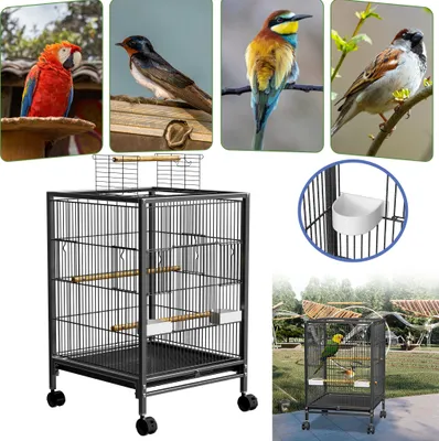 Produktbild von LARS360 Vogelkäfig für Sittiche & Kanarienvögel – Mit 4 Lenkrollen, Holzstangen, Futternäpfen, abnehmbarem Kotauffang und Öffnungsdach – 46x46x91 cm