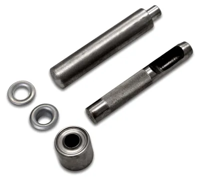 Produktbild von Ösenlochwerkzeug-Set mit 10 Ösen, Locheisen und Einschlagstempel für Balkonbespannungen, Zelte und Sonnensegel