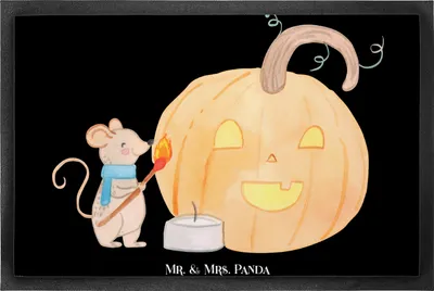 Produktbild von Mr. & Mrs. Panda bodenmatte Kürbis Maus 50 x 75 cm - Schwarz - Geschenk, Trick Or Treat, Dekoration, Bodenvorleger, Schmutzfangmatte, fußmatte, Kerzen, Halloween Deko