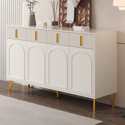 Zdjęcie produktu dla Komoda Kredens ze złotymi uchwytami i nogami, 4 drzwi i 4 szuflady, odpowiedni do salonu i jadalni, 140 x 37,8 x 82 cm