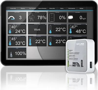 A tablet displaying various sensor readings and a TP-Link Wi-Fi extender.