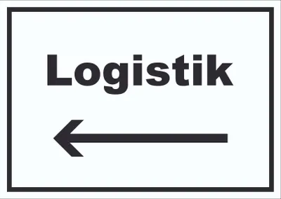 Produktbild von Logistik Schild mit Text und Richtungspfeil links Transport Versand waagerecht A2 Rückseite selbstklebend