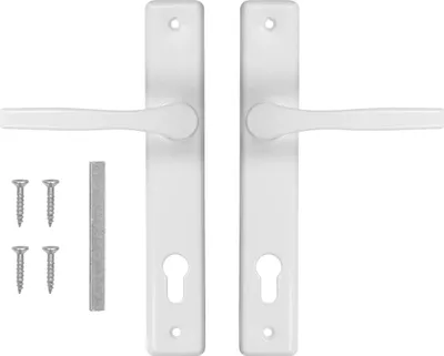 A pair of white door handles with screws and a metal strip on a white background.