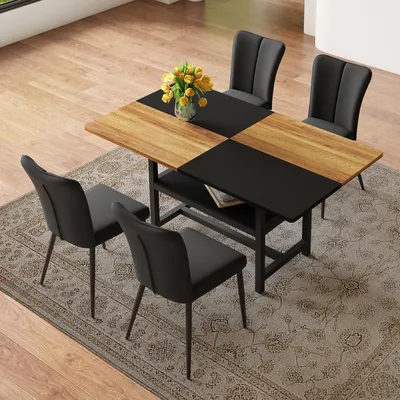 Produktbild von Tisch-Stuhl-Set, 160 cm rechteckiger Esstisch mit Staufunktion + 4 schwarze moderne PolyurethanStühle
