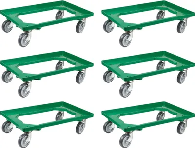 Produktbild von SparSet 6x Transportroller für Euroboxen 60x40cm mit Gummiräder grün | Offenes Deck | 2 Lenkrollen & 2 Bremsrollen | Traglast 300kg | Kistenroller Logistikroller Rollwagen Profi-Fahrgestell