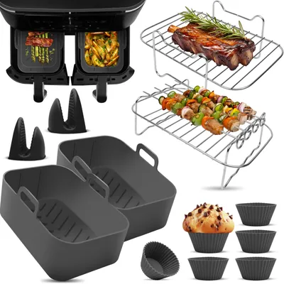 A collage of air fryer accessories, including silicone liners, grill racks with food, and muffin cups.