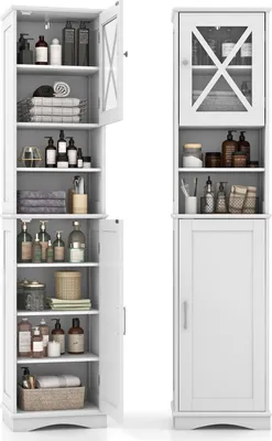 Produktbild von GOPLUS 170 cm Badezimmerschrank, freistehender Aufbewahrungsschrank mit Acryl-Türen & verstellbaren Regalen, 2 offene Fächer, Badschrank für Küche