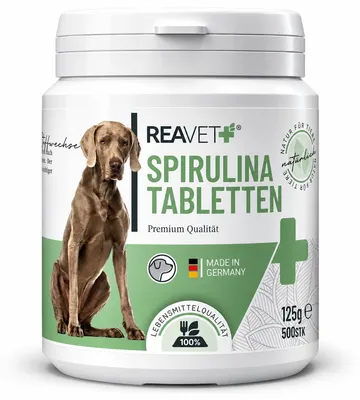 Obrázok produktu pre REAVET Spirulina tablety pre psov 500 ks - potravinárska kvalita, 100% čistá potravinárska mikroriasa I Prírodný zdroj bielkovín, bohatý na chlorofyl, vitamíny a minerály