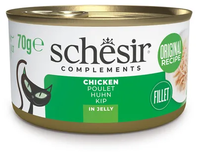 Produktbild von Schesir, Hühnerfilets in Gelee, ergänzendes Nassfutter für Katzen, Originalrezep