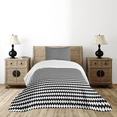 Produktbild von ABAKUHAUS Nervös Tagesdecke Set, Abstrakte geometrische Symmetric ovale Formen Simplistic Moderne Muster, 170 x 220 cm, Charcoal Grau und Weiß