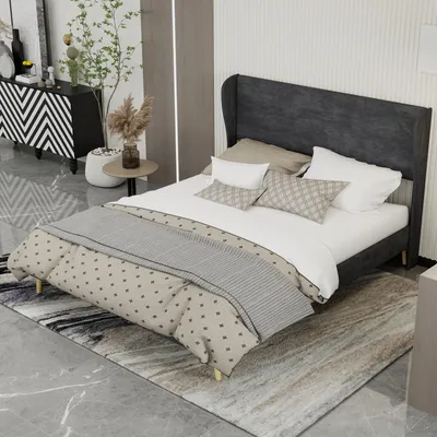 Produktbild von MODFU Polsterbett 160x200 Bettgestell multifunktionale Schlafzimmermöbel mit niedrige Basis und Kopfteil,Doppelbett mit weichem Kopfteil,ohne Matratze,Grau