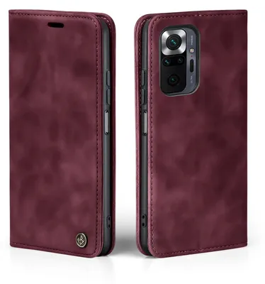A product shot of a burgundy flip phone case for a Xiaomi Redmi Note 10 Pro, shown from two angles.