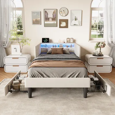 Produktbild von Doppelbett 90 x 200 cm mit 2 Schubladen, LED-Kopfteil und Stauraum, USB- und Typ-C-Ladeanschluss, Lattenrost, Samt, Beige