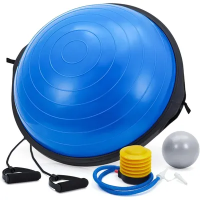 Image de Balle d'équilibre - Entraîneur de gymnastique multifonctionnel - Diamètre 63,5 cm - Capacité de charge jusqu'à 726 kg - Livré avec des élastiques de résistance et une pompe - Idéal pour le renforcement du tronc et l'entraînement à domicile - Couleur : bleu