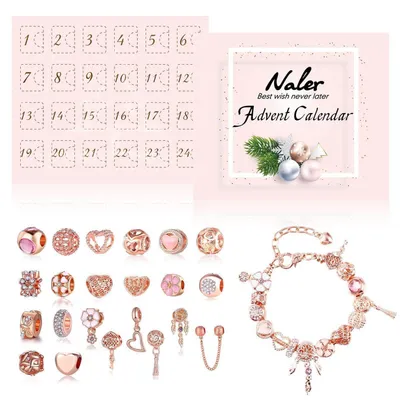 Productafbeelding van Adventskalender met 24 sieraden: rosé gouden bedeltjes, glaskralen, kettingen en armbanden