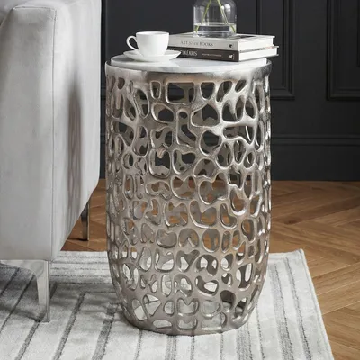 Obrázok produktu pre FineBuy Odkladací stolík hliníkový strieborný okrúhly 30 cm Odkladací stolík s mramorovou doskou Kovový konferenčný stolík Obývacia izba Obývacia izba Stolík Ručne vyrobený stolík k pohovke