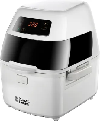 A white Russell Hobbs air fryer with a black viewing window and digital display.
