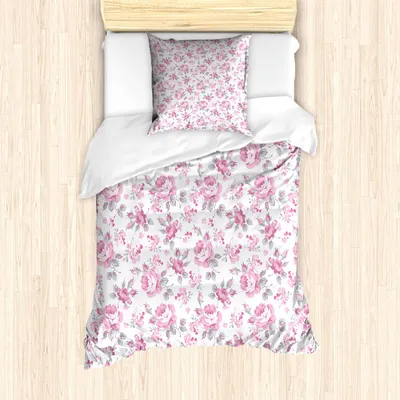 Produktbild von ABAKUHAUS Shabby Flora Bettbezug Set, Rosa Rosen mit Grey Leaves Garten Beetpflanzen Frühling Blüten, 135 x 200 cm + 80 x 80 cm, Pale Pink Weiß Grau