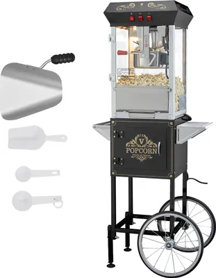 Obrázok produktu pre SucceBuy 850 W popcornovač s vozíkom, 237 ml kanvica na 48 šálok na jednu náplň, popcornovač v štýle kina s tvrdeným sklom, vrátane 4 naberačiek, čierny