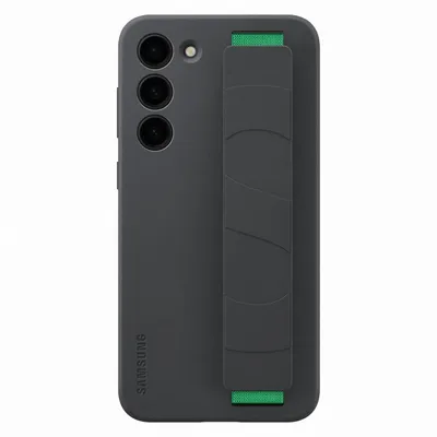 A dark grey phone case with a green strap is shown against a white background.