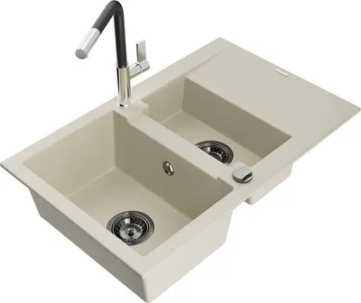 Produktbild von Mexen Gaspar 1,5-Becken-Granitspüle mit Abtropffläche und Mischbatterie Flora, Beige - 6507-69-670401-07-B