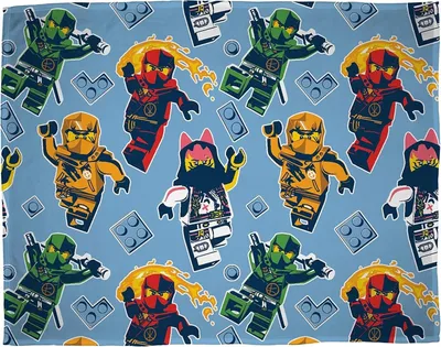 A repeating pattern of Lego Ninjago characters on a light blue background with Lego brick elements.