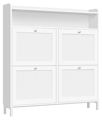 Image de Étagère à chaussures pour l'entrée - Armoire à chaussures - 4 compartiments rabattables - 1 compartiment ouvert - Capacité pour 8 à 12 paires de chaussures - Bois - Blanc