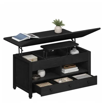 Produktbild von Couchtisch Höhenverstellbar, Umwandelbar in Esstisch, Schwarz Wohnzimmertisch Kaffeetisch Fach mit 3 Schubladen und 2 Fächer, 50 × 100 × 45 cm