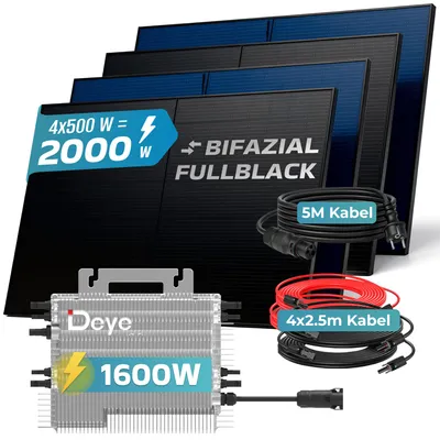 Produktbild von SUNNIVA® 2000W Balkonkraftwerk BIFAZIAL FULLBLACK komplett Steckdose DEYE 1600W Wechselrichter, PV Solaranlage, 5m Kabel, Bluetooth WIFI