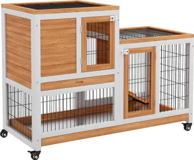 Image de clapier à 2 étages pour lapins/petits animaux en bois - Avec roulettes - Bacs amovibles - 110x50x88 cm - Bois naturel et blanc