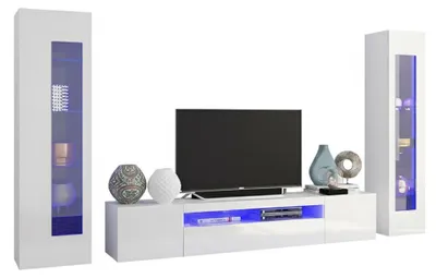 Produktbild von Wohnzimmermöbel Dcontin, TV-Ständer Wohnzimmergarnitur, Mehrzweck-Wohnzimmermöbel, 100%  Italy, cm 290x40h162, glänzend weiß