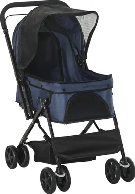 Produktbild von Hundewagen Hundebuggy bis 10kg verstellbares Vordach klappbar Bodenkorb 2 Bremsen Sicherheitsleine Blau