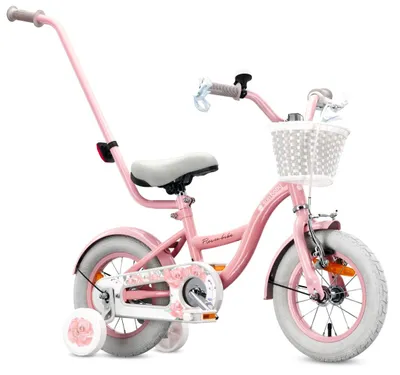 Produktbild von SUN BABY Flower Bike Kinderfahrrad für Mädchen 12 Zoll, ab 2 Jahre, mit Stützrädern, abnehmbarer Schubstange, Korb, Klingel, Rücktrittbremse & V-Brake