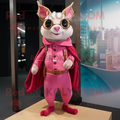 Productafbeelding van Pink Flying Squirrel mascotte REDBROKOLY kostuum karakter gekleed met een broek en pochetten