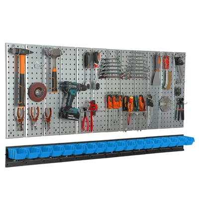 Image de Mur d'outils 156x72cm Système de stockage en métal avec supports d'outils Crochets d'outils 18 boîtes empilables bleu Planche perforée Atelier Garage Planche enfichable Outils électriques Mur perforé