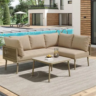 Immagine prodotto di Altalena da giardino in rattan beige a 2 posti con cuscini e schienale
