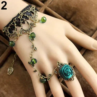 Produktbild von Retro Gothic Frauen Spitze Blume Hand Slave Harness Armband Kette Ring Schmuck-Grün
