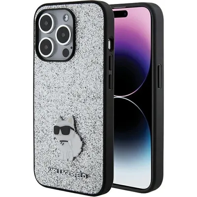 A Karl Lagerfeld iPhone case with a glittery silver back and a Choupette character.