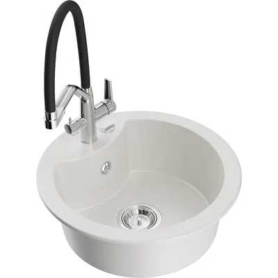 Zdjęcie produktu dla Mexen Diego zlewozmywak granitowy 1-komorowy z baterią kuchenną Duo, biały - 6512-20-671701-07