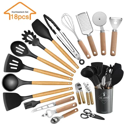Produktbild von Multifunktionales Küchenutensilien Set 18-tlg.,Edelstahl, Holzgriff, Kochlöffel, Knoblauchpresse, Schneidebrett, Öl-Sprühflasche, praktisch
