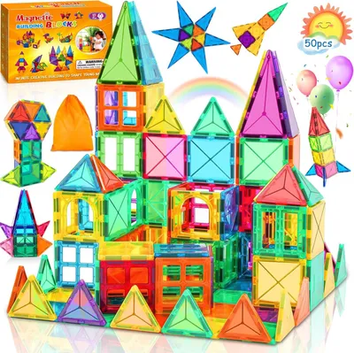 Productafbeelding van Set van 50 Magnetische Bouwblokken, Creatief Speelgoed, voor Kinderen 3-8 Jaar, Inclusief Opbergtas