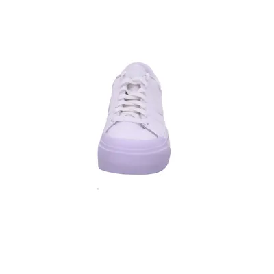 A white and purple Nike sneaker is shown from the front on a white background.