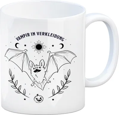 Produktbild von Kaffeebecher mit Fledermaus Motiv und Spruch - Vampir in Verkleidung