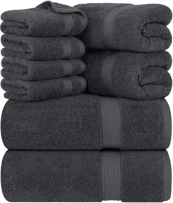 Produktbild von Unyqoos® 8-teiliges Handtuch-Set aus 100% ringgesponnener Baumwolle – weich & saugfähig, 2x 68,6×137,2 cm Badetuch, 2x 40,6×71,1 cm Handtuch, 4x 33×33 cm Waschlappen