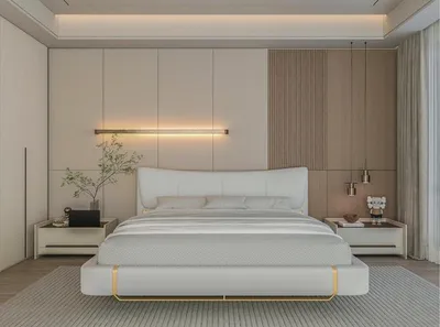 Image de Lit de luxe gris avec accents dorés Design moderne et tête de lit confortable