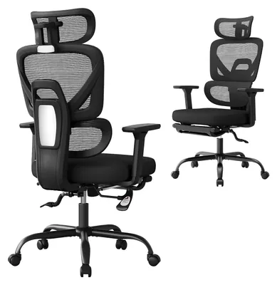 Obrázek produktu pro Ergonomická kancelářská židle - židle k psacímu stolu - s bederní opěrkou - nastavitelná opěrka hlavy - výškově nastavitelná - otočná - s podloketníky - černá